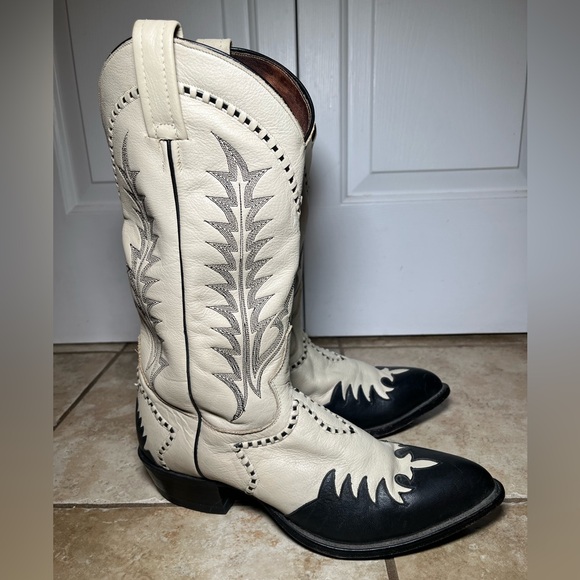 Rare Tony Lama Men's Cream Black Leather Vintage Western Boots Size 9.5 - Picture 8 of 13